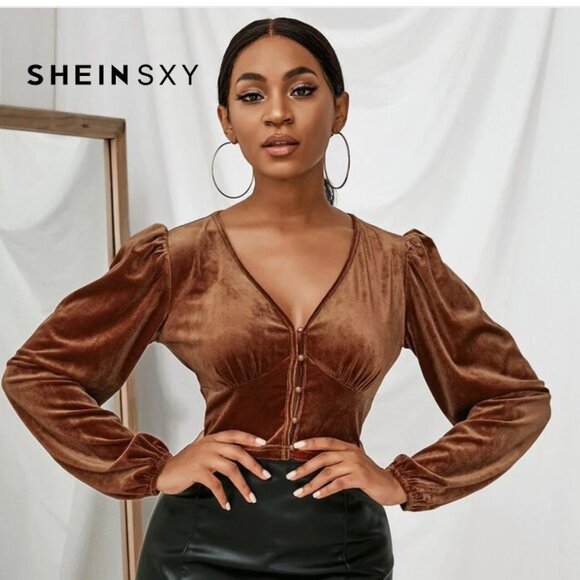 V-Neck Bubble Lantern Sleeve Velvet Elegant Button down Top blouse - Picture 3 of 4